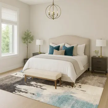 10' X 14' Brown Ivory And Blue Abstract Washable Indoor Outdoor Area Rug