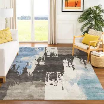 10' X 14' Brown Ivory And Blue Abstract Washable Indoor Outdoor Area Rug