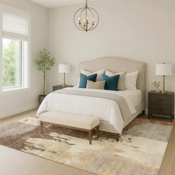5' X 8' Rust Ivory And Gray Abstract Washable Indoor Outdoor Area Rug