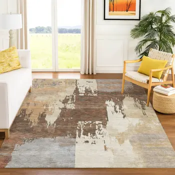 5' X 8' Rust Ivory And Gray Abstract Washable Indoor Outdoor Area Rug