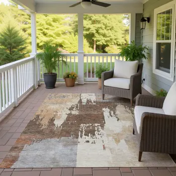 5' X 8' Rust Ivory And Gray Abstract Washable Indoor Outdoor Area Rug