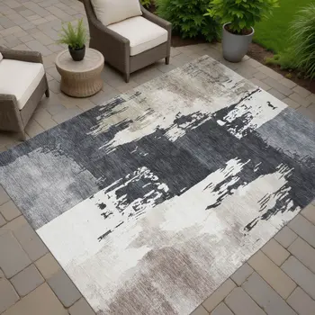 3' X 5' Charcoal Ivory And Beige Abstract Washable Indoor Outdoor Area Rug