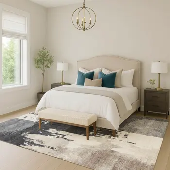 3' X 5' Charcoal Ivory And Beige Abstract Washable Indoor Outdoor Area Rug