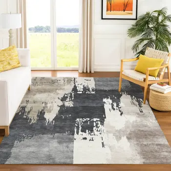 3' X 5' Charcoal Ivory And Beige Abstract Washable Indoor Outdoor Area Rug
