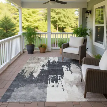 3' X 5' Charcoal Ivory And Beige Abstract Washable Indoor Outdoor Area Rug
