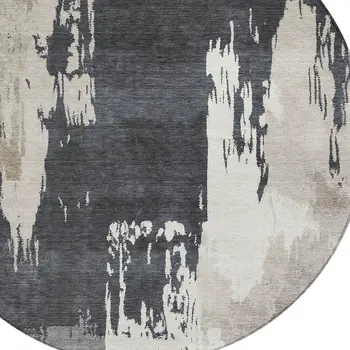 8' Charcoal Ivory And Beige Round Abstract Washable Indoor Outdoor Area Rug