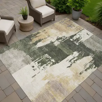 5' X 8' Olive Green Ivory And Tan Abstract Washable Indoor Outdoor Area Rug