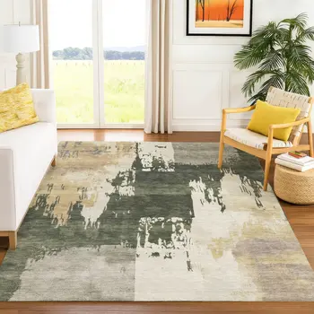 5' X 8' Olive Green Ivory And Tan Abstract Washable Indoor Outdoor Area Rug
