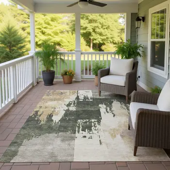 5' X 8' Olive Green Ivory And Tan Abstract Washable Indoor Outdoor Area Rug