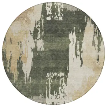 8' Olive Green Ivory And Tan Round Abstract Washable Indoor Outdoor Area Rug