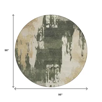 8' Olive Green Ivory And Tan Round Abstract Washable Indoor Outdoor Area Rug