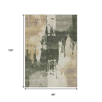 8' X 10' Olive Green Ivory And Tan Abstract Washable Indoor Outdoor Area Rug