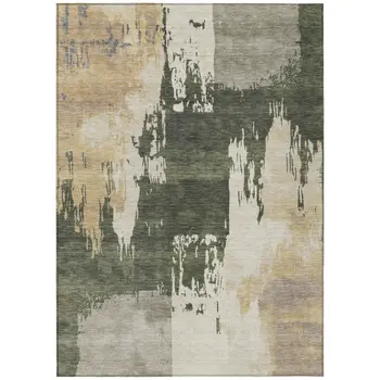 10' X 14' Olive Green Ivory And Tan Abstract Washable Indoor Outdoor Area Rug