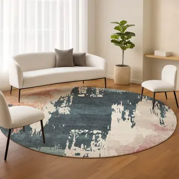 8' Teal Blue Pink And Orange Round Abstract Washable Indoor Outdoor Area Rug