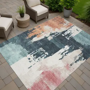 9' X 12' Teal Blue Pink And Orange Abstract Washable Indoor Outdoor Area Rug
