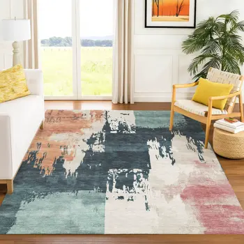 9' X 12' Teal Blue Pink And Orange Abstract Washable Indoor Outdoor Area Rug