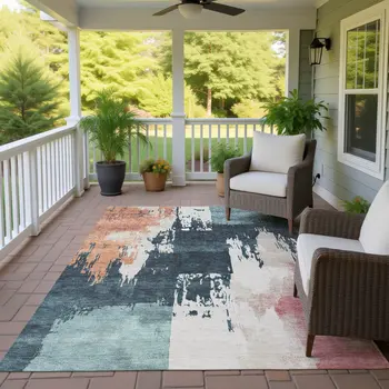 9' X 12' Teal Blue Pink And Orange Abstract Washable Indoor Outdoor Area Rug