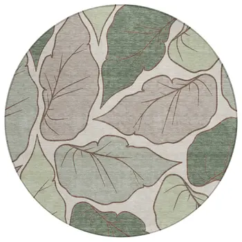 8' Fern Green And Ivory Round Botanical Leaves Washable Indoor Outdoor Area Rug