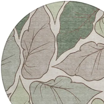 8' Fern Green And Ivory Round Botanical Leaves Washable Indoor Outdoor Area Rug
