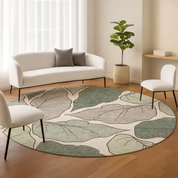 8' Fern Green And Ivory Round Botanical Leaves Washable Indoor Outdoor Area Rug