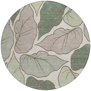 8' Fern Green And Ivory Round Botanical Leaves Washable Indoor Outdoor Area Rug