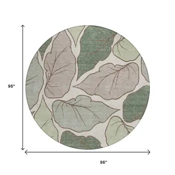 8' Fern Green And Ivory Round Botanical Leaves Washable Indoor Outdoor Area Rug