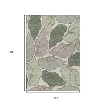 10' X 14' Fern Green And Ivory Botanical Leaves Washable Indoor Outdoor Area Rug