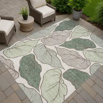 10' X 14' Fern Green And Ivory Botanical Leaves Washable Indoor Outdoor Area Rug
