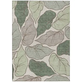 10' X 14' Fern Green And Ivory Botanical Leaves Washable Indoor Outdoor Area Rug
