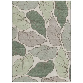 10' X 14' Fern Green And Ivory Botanical Leaves Washable Indoor Outdoor Area Rug