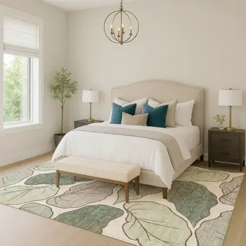 10' X 14' Fern Green And Ivory Botanical Leaves Washable Indoor Outdoor Area Rug