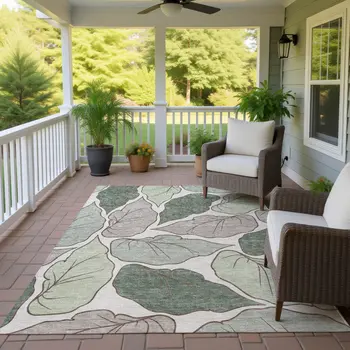 10' X 14' Fern Green And Ivory Botanical Leaves Washable Indoor Outdoor Area Rug