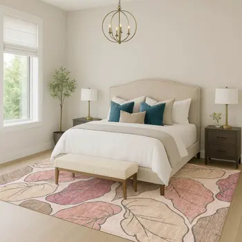 5' X 8' Blush And Ivory Botanical Leaves Washable Indoor Outdoor Area Rug