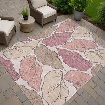 10' X 14' Blush And Ivory Botanical Leaves Washable Indoor Outdoor Area Rug