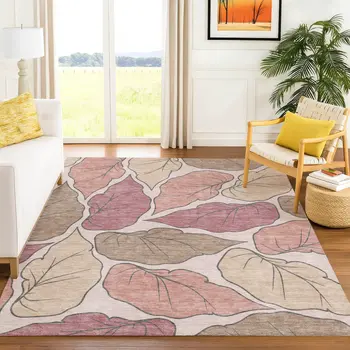 10' X 14' Blush And Ivory Botanical Leaves Washable Indoor Outdoor Area Rug