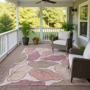 10' X 14' Blush And Ivory Botanical Leaves Washable Indoor Outdoor Area Rug