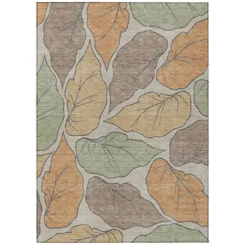 3' X 5' Copper Ivory And Sage Botanical Leaves Washable Indoor Outdoor Area Rug