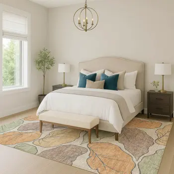 8' X 10' Copper Ivory And Sage Botanical Leaves Washable Indoor Outdoor Area Rug