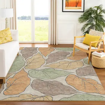 8' X 10' Copper Ivory And Sage Botanical Leaves Washable Indoor Outdoor Area Rug