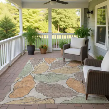 8' X 10' Copper Ivory And Sage Botanical Leaves Washable Indoor Outdoor Area Rug