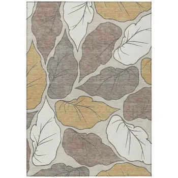5' X 8' Linen Ivory And Brown Botanical Leaves Washable Indoor Outdoor Area Rug