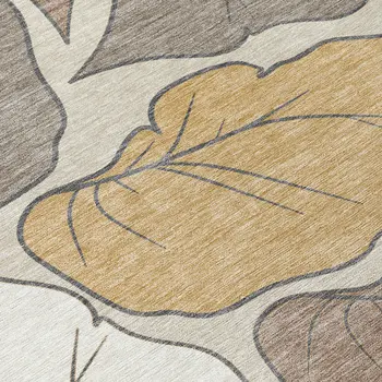 5' X 8' Linen Ivory And Brown Botanical Leaves Washable Indoor Outdoor Area Rug