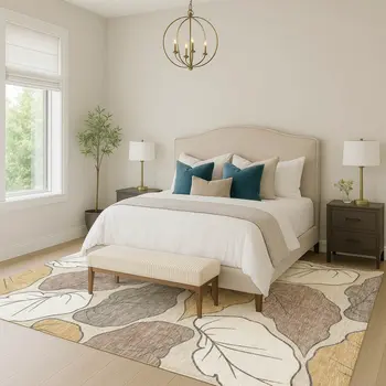 5' X 8' Linen Ivory And Brown Botanical Leaves Washable Indoor Outdoor Area Rug
