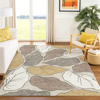 5' X 8' Linen Ivory And Brown Botanical Leaves Washable Indoor Outdoor Area Rug