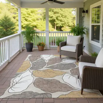 5' X 8' Linen Ivory And Brown Botanical Leaves Washable Indoor Outdoor Area Rug