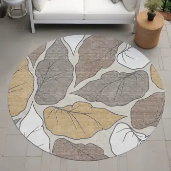8' Linen Ivory And Brown Round Botanical Leaves Washable Indoor Outdoor Area Rug