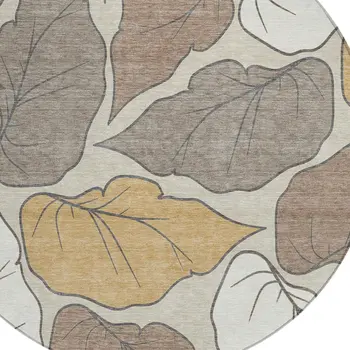 8' Linen Ivory And Brown Round Botanical Leaves Washable Indoor Outdoor Area Rug