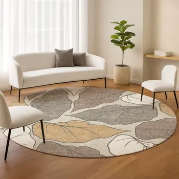 8' Linen Ivory And Brown Round Botanical Leaves Washable Indoor Outdoor Area Rug