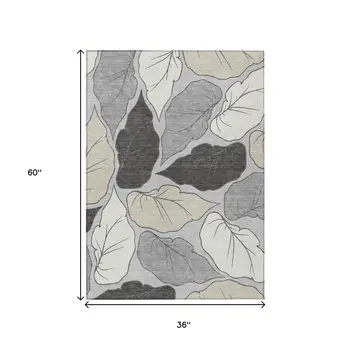 3' X 5' Silver Gray And Beige Botanical Leaves Washable Indoor Outdoor Area Rug