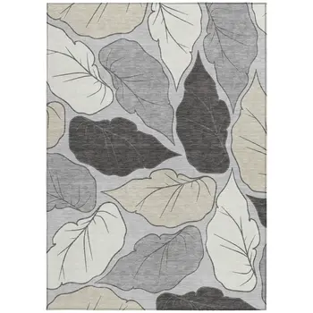 5' X 8' Silver Gray And Beige Botanical Leaves Washable Indoor Outdoor Area Rug